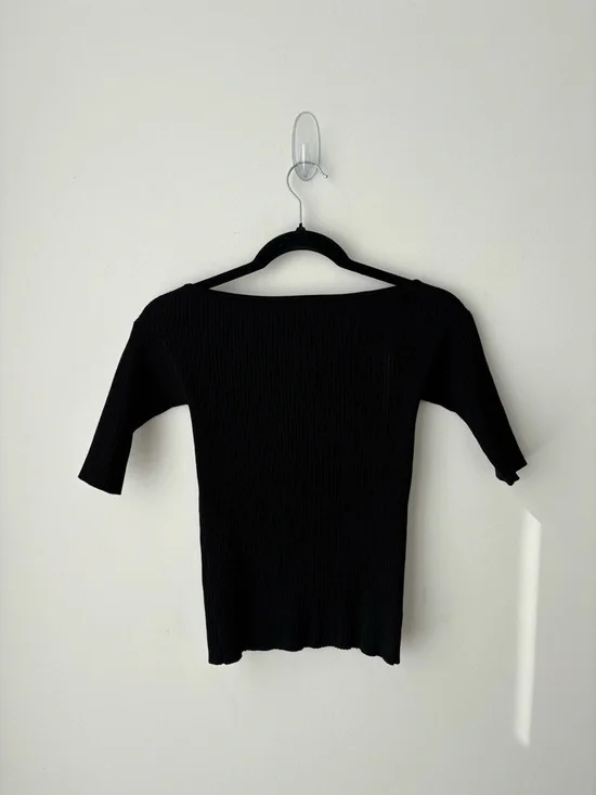 Max Mara Weekend Ribbed Knit Boat Neck Top Black | Fitted Stretch Off Shoulder - Picture 8 of 9